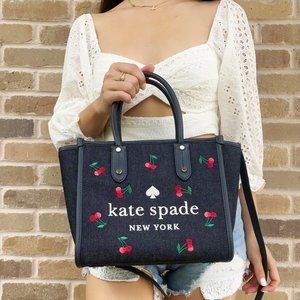 Kate Spade Embroidered Tote Crossbody Denim Blue Multi